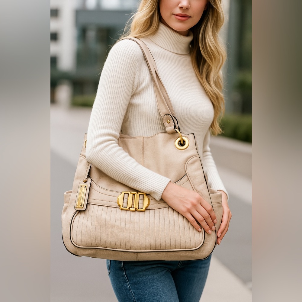 B. Makowsky Pillowy Soft Cream Leather Shoulder Bag